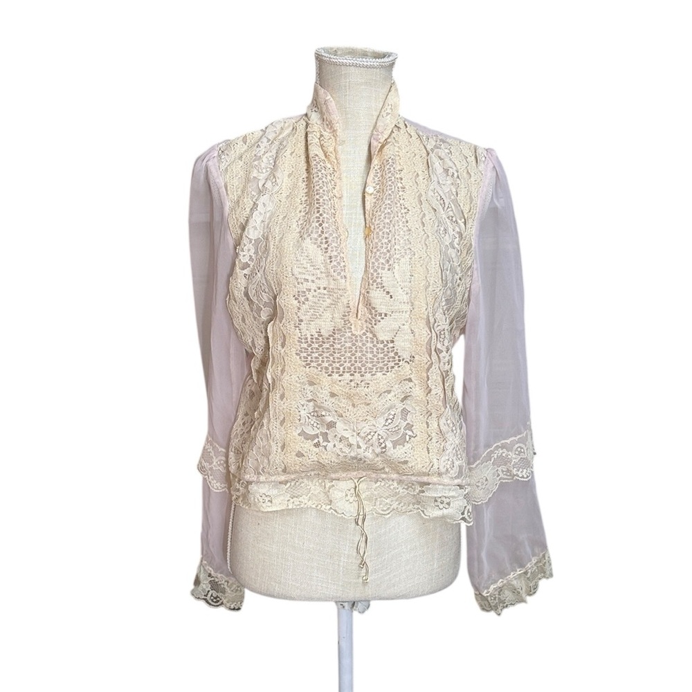 Vintage Lorrie Kabalas Elegant Lace Blouse Sheer Pink Womens M Boho Whimsy